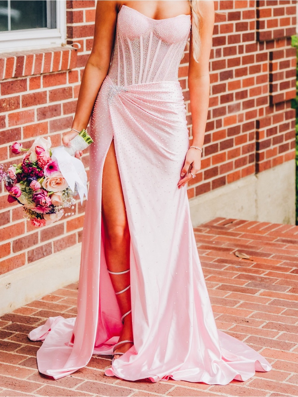 Sherri Hill Pink Satin Strapless Prom Dress with Crystal Embellishments